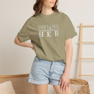 "The Lord Remembered Her" Embroidered Faith T-shirt — Fertility & Motherhood