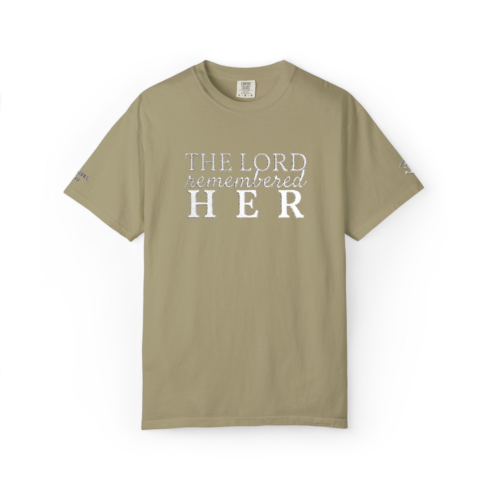 "The Lord Remembered Her" Embroidered Faith T-shirt — Fertility & Motherhood - Image 2