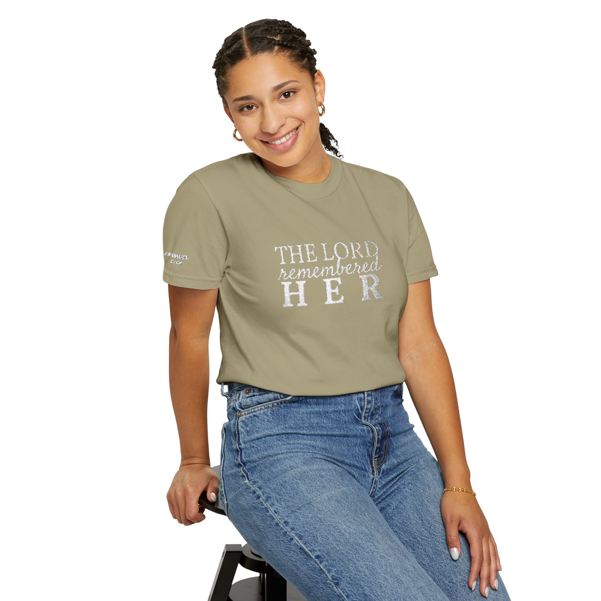 "The Lord Remembered Her" Embroidered Faith T-shirt — Fertility & Motherhood - Image 5